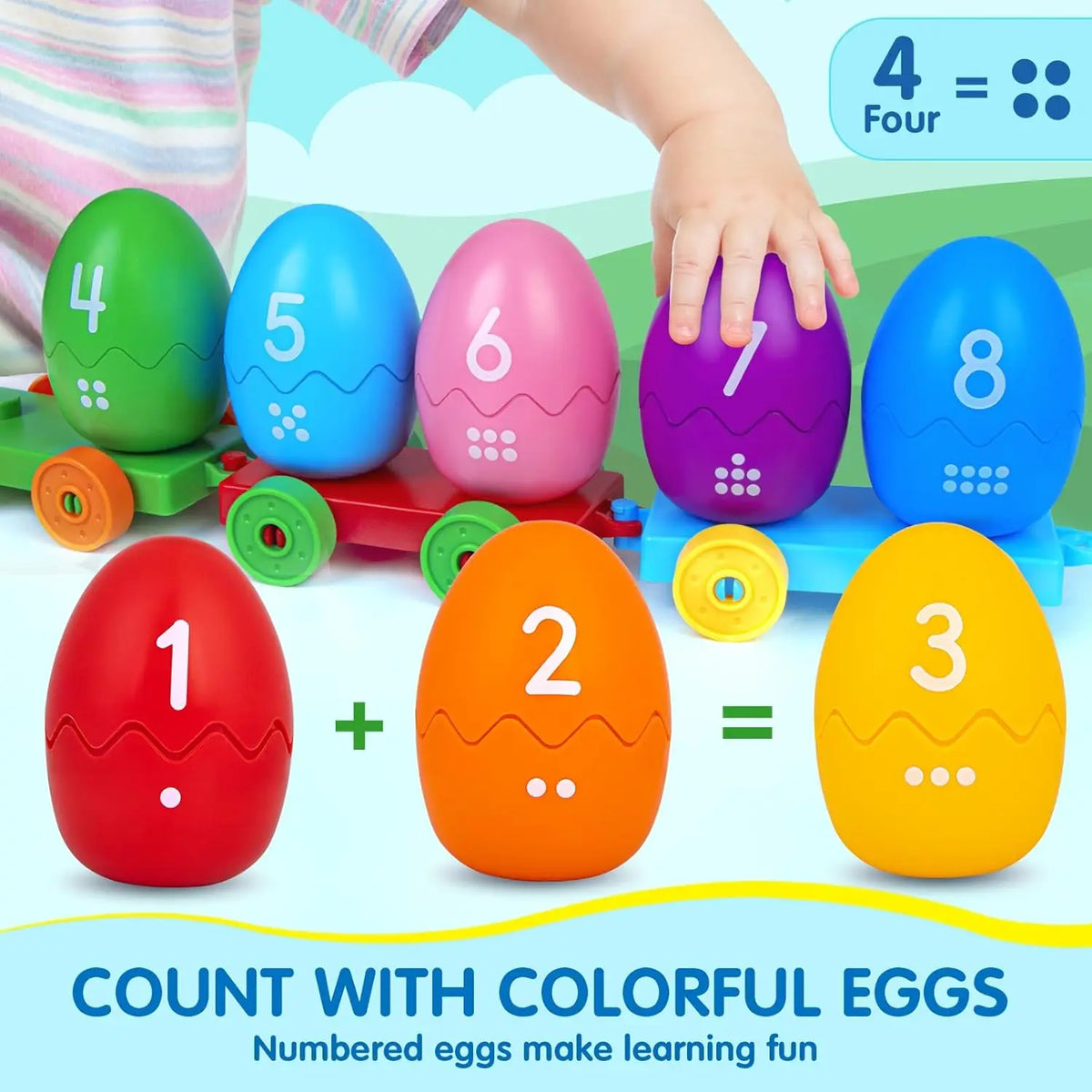 Colorful numbered eggs 1 through 8 are shown with a plus sign and equal sign for counting practice.