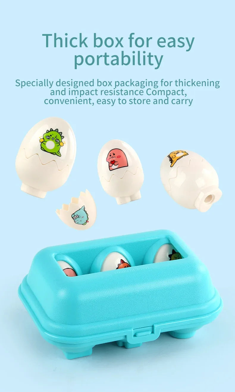 A teal plastic box containing several egg-shaped learning puzzles for toddlers.
