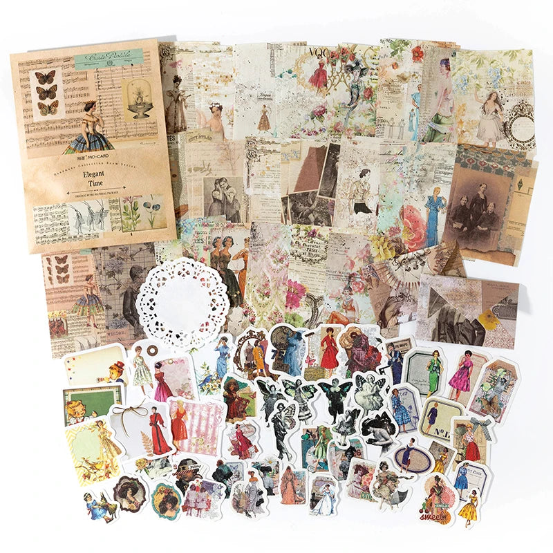 A collection of vintage paper and stickers featuring historical figures, floral designs, and decorative elements for crafting