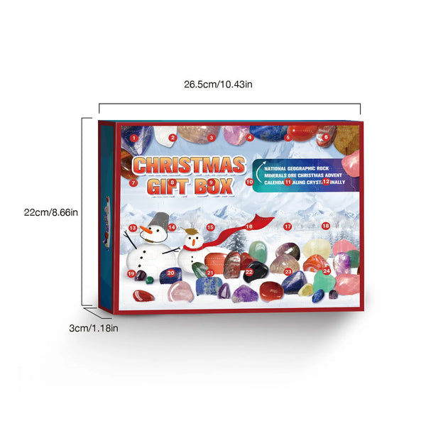 A Christmas gift box containing 24 natural mineral crystals for a healing advent calendar.