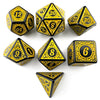 A set of polyhedral dice showing various numbers including 10, 12, 20, 8, and 90 in yellow and black.