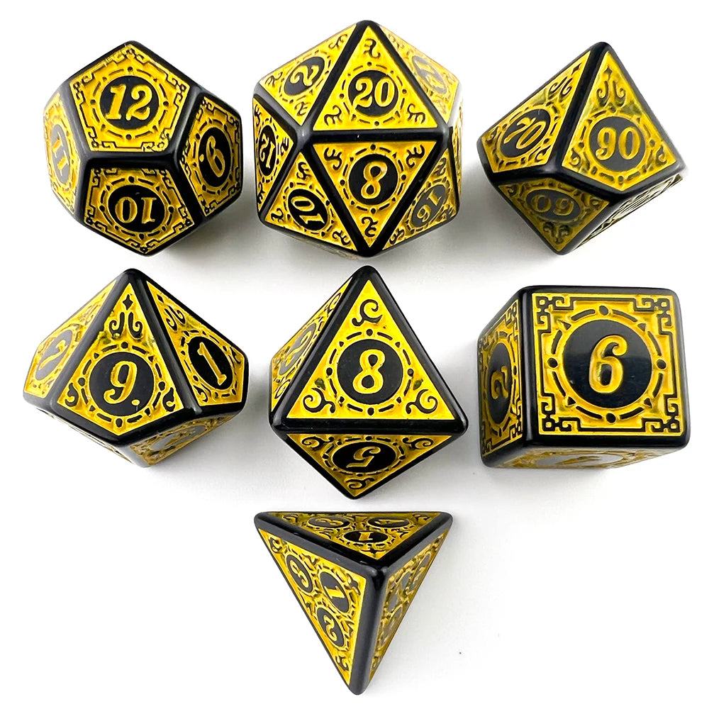 A set of polyhedral dice showing various numbers including 10, 12, 20, 8, and 90 in yellow and black.