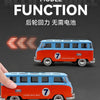 A vintage style metal bus diecast model in orange and blue with a pull-back function.