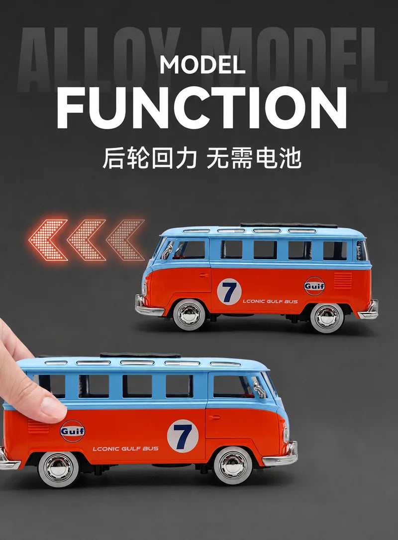 A vintage style metal bus diecast model in orange and blue with a pull-back function.