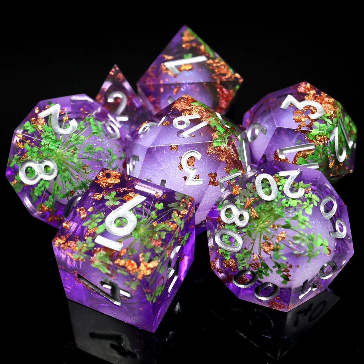 Handmade Resin D&D Dice Set – 7 Polyhedral Dice with Floral Design