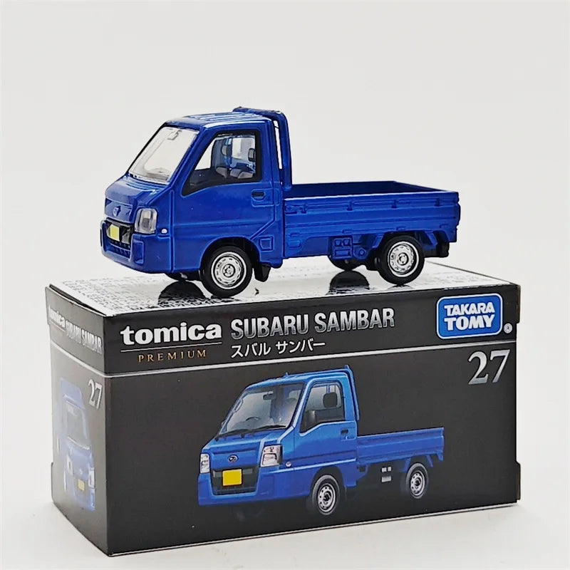 Tomica Subaru Sambar blue pickup truck model in its box