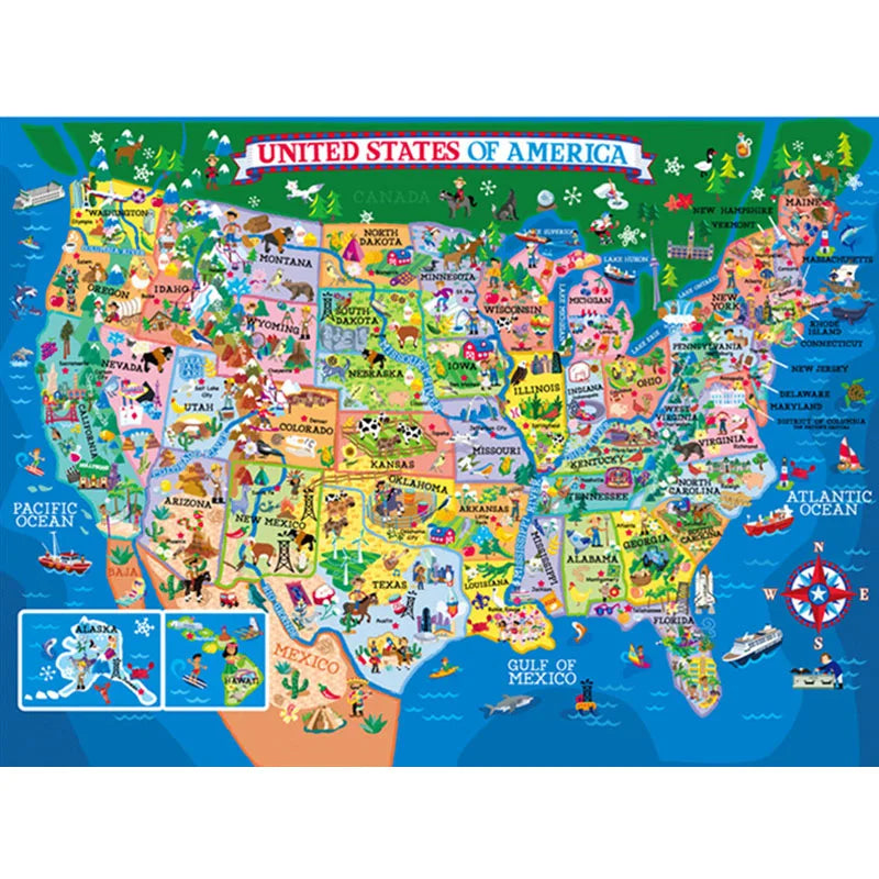 A colorful map of the United States and surrounding regions, including Canada and Mexico, designed as a 200-piece jigsaw puzz