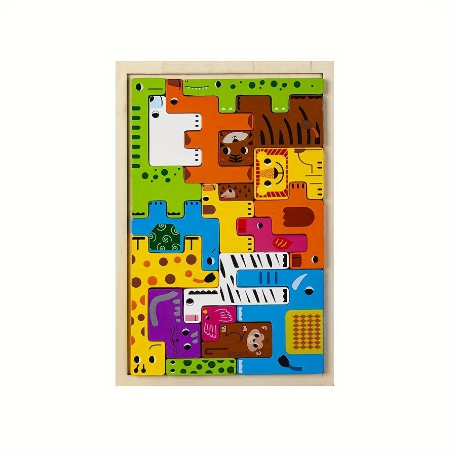 A colorful wooden tangram puzzle set featuring various animals, vehicles, and sea life shapes.