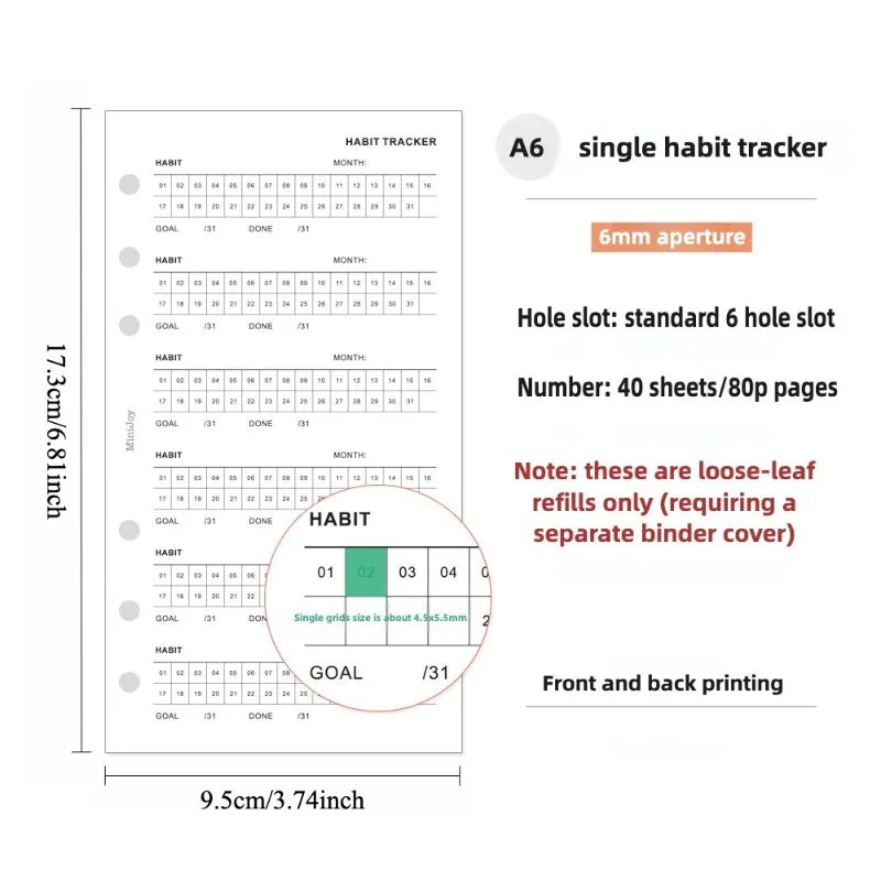 A6 single habit tracker with a 6mm aperture and loose-leaf refill pages for planners