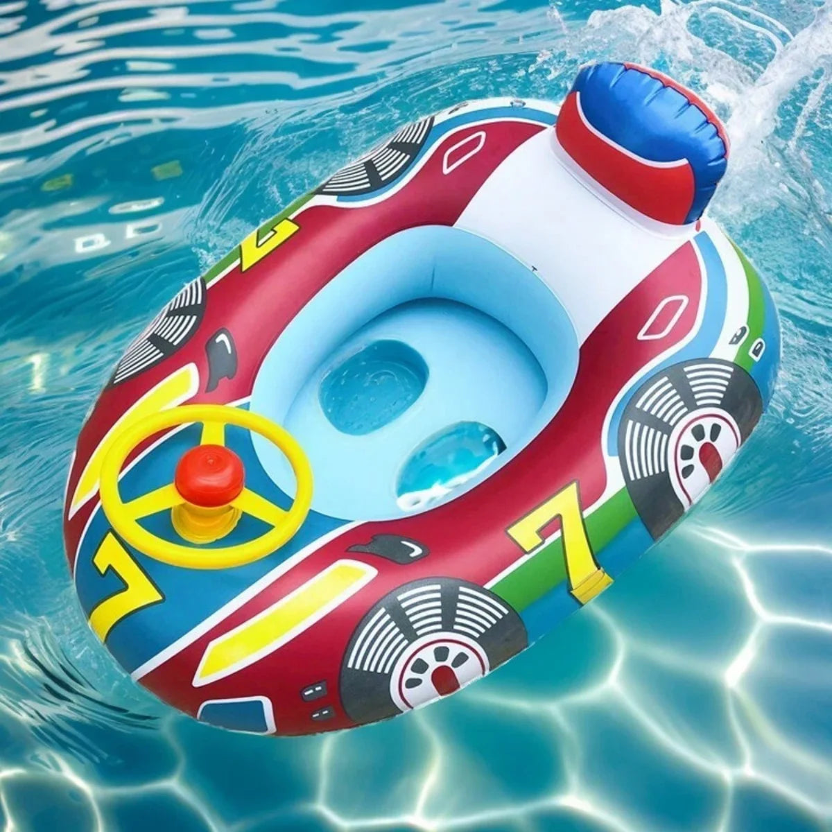 A red and blue inflatable car-shaped baby pool float with a safety seat and yellow handles floating in clear water.