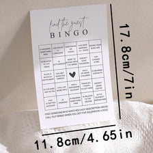 A card for a Bridal Shower Bingo game titled Find the Guest Bingo with various prompts like Is wearing something new or is re