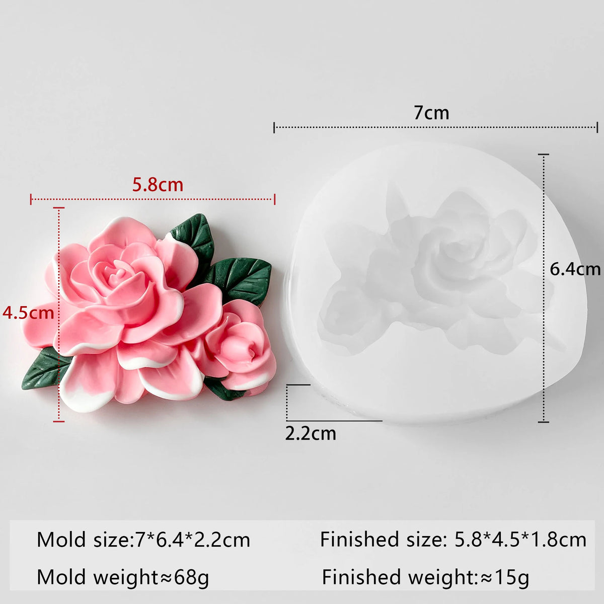 A white silicone mold shaped like a multi-flower for crafting, with dimensions 5.8cm by 4.5cm.