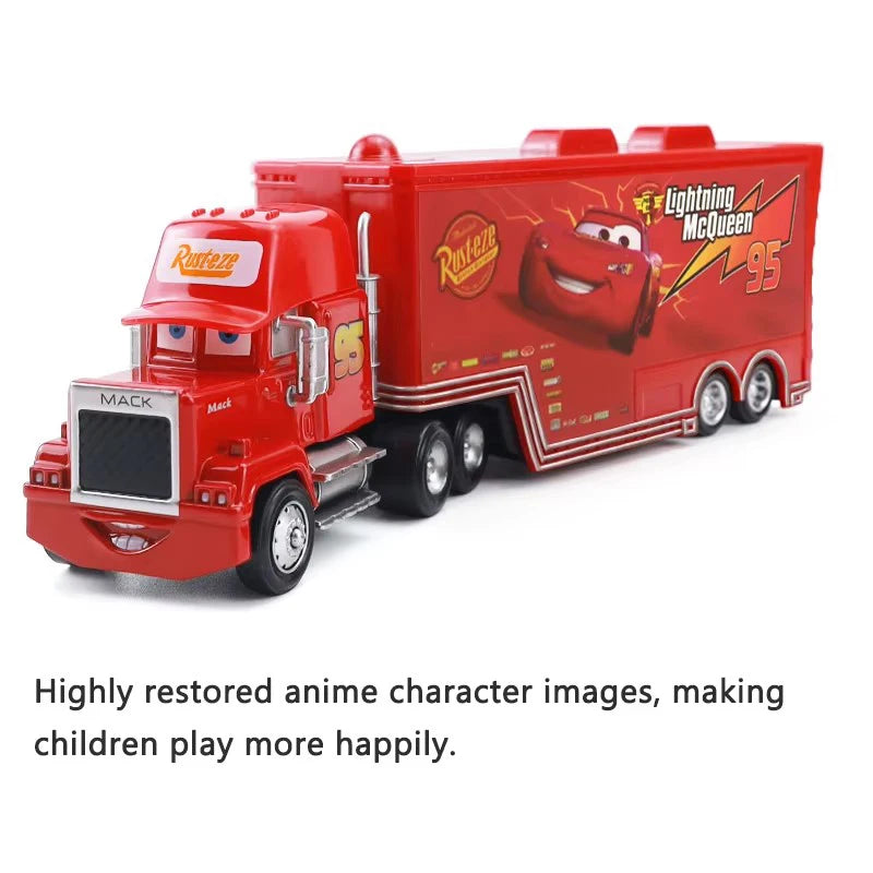 A highly restored diecast toy hauler truck of Lightning McQueen in red and orange colors.