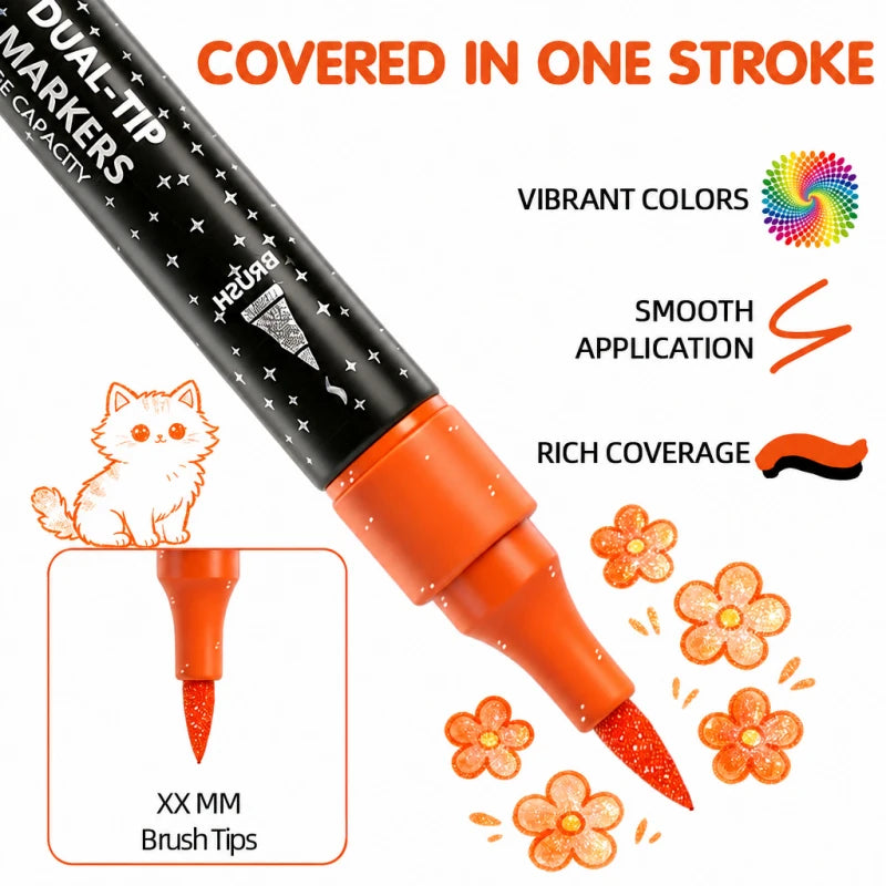 A black dual-tip glitter brush marker pen is shown with orange accents, demonstrating vibrant colors and smooth application.