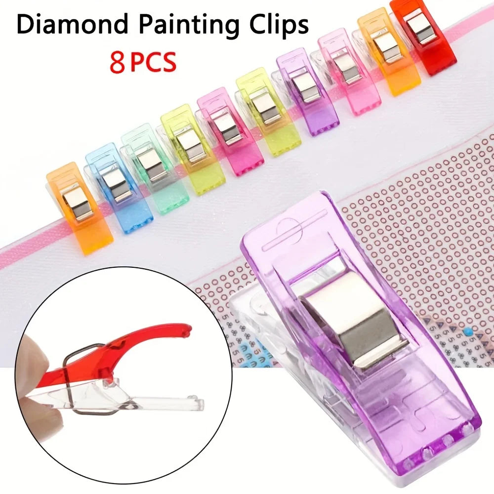 A set of eight colorful diamond painting clips are displayed on a sheet, with one clip shown in detail.