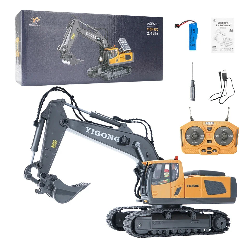A yellow remote control excavator toy with a hydraulic arm and tracks is shown alongside its box and accessories.
