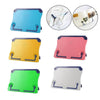 A collection of colorful adjustable portable book stands shown in various colors and angles.