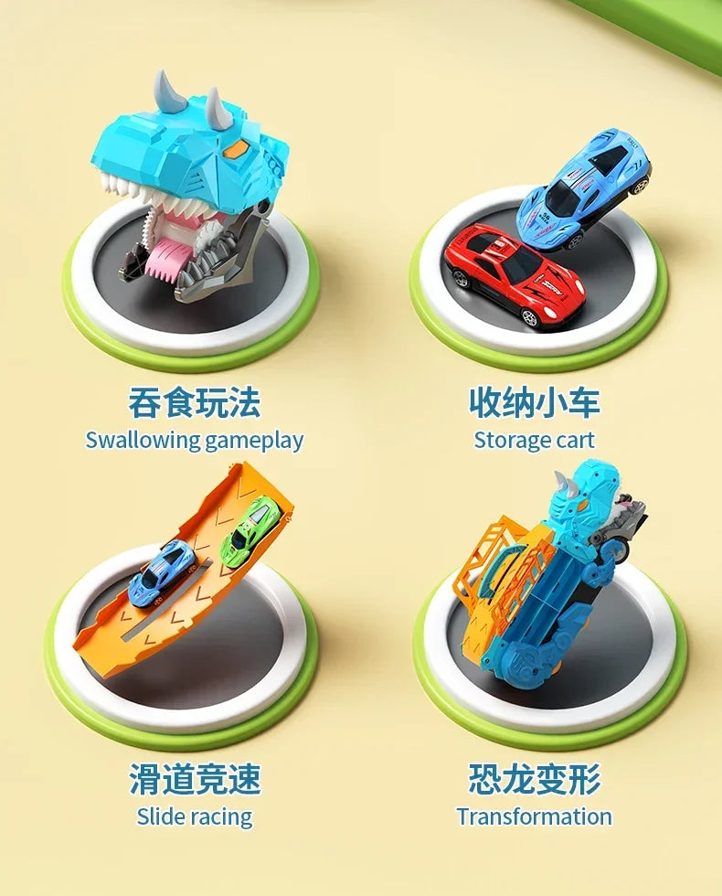 A set of dinosaur transport trucks featuring swallowing gameplay, storage cart, slide racing, and transformation features.