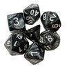 A set of seven black polyhedral dice showing various numbers and shapes used for tabletop games.
