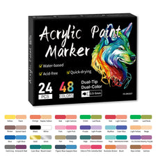 A box of Dual-Tip Acrylic Paint Markers featuring 48 colors and a depiction of a wolf head.