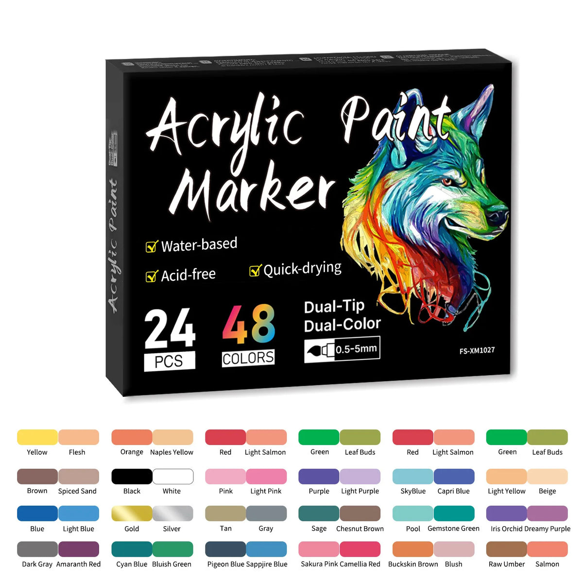 A box of Dual-Tip Acrylic Paint Markers featuring 48 colors and a depiction of a wolf head.