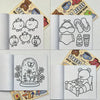 An open adult coloring book featuring illustrations of bears, fruits, and other cute designs on thick paper.