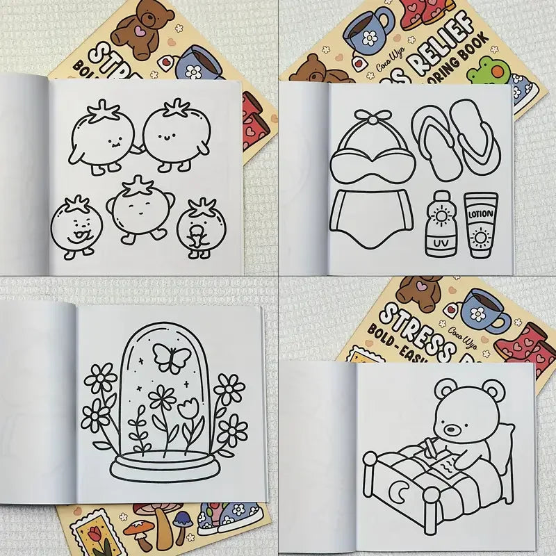 An open adult coloring book featuring illustrations of bears, fruits, and other cute designs on thick paper.