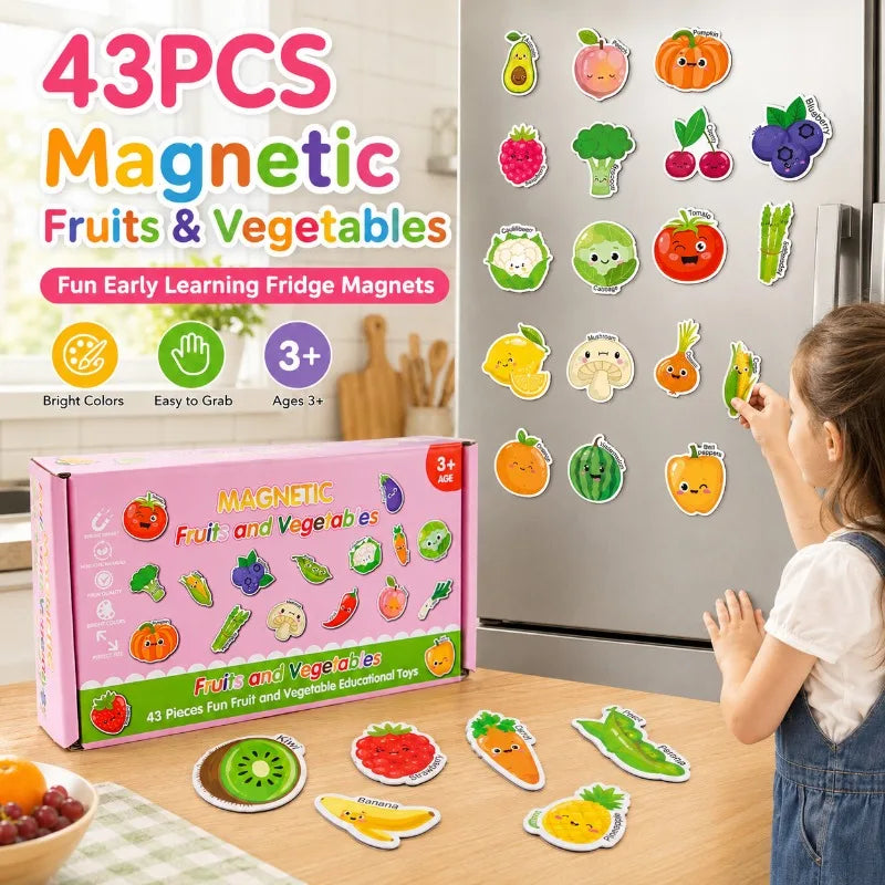 A box of 43 pieces of magnetic fruits and vegetables learning toys next to a refrigerator door displaying various fruit and v