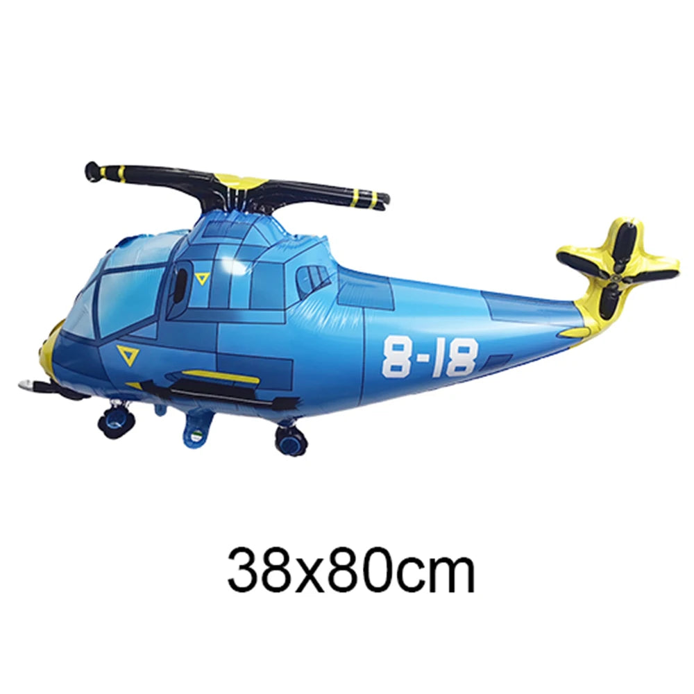 Blue foil balloon plane model with yellow accents, designed for birthday party decor.
