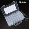 A clear plastic storage organizer with 32 slots is shown open, displaying numerous small compartments for craft supplies.