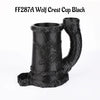 Black metal mug shaped like a wolf crest for tabletop RPGs
