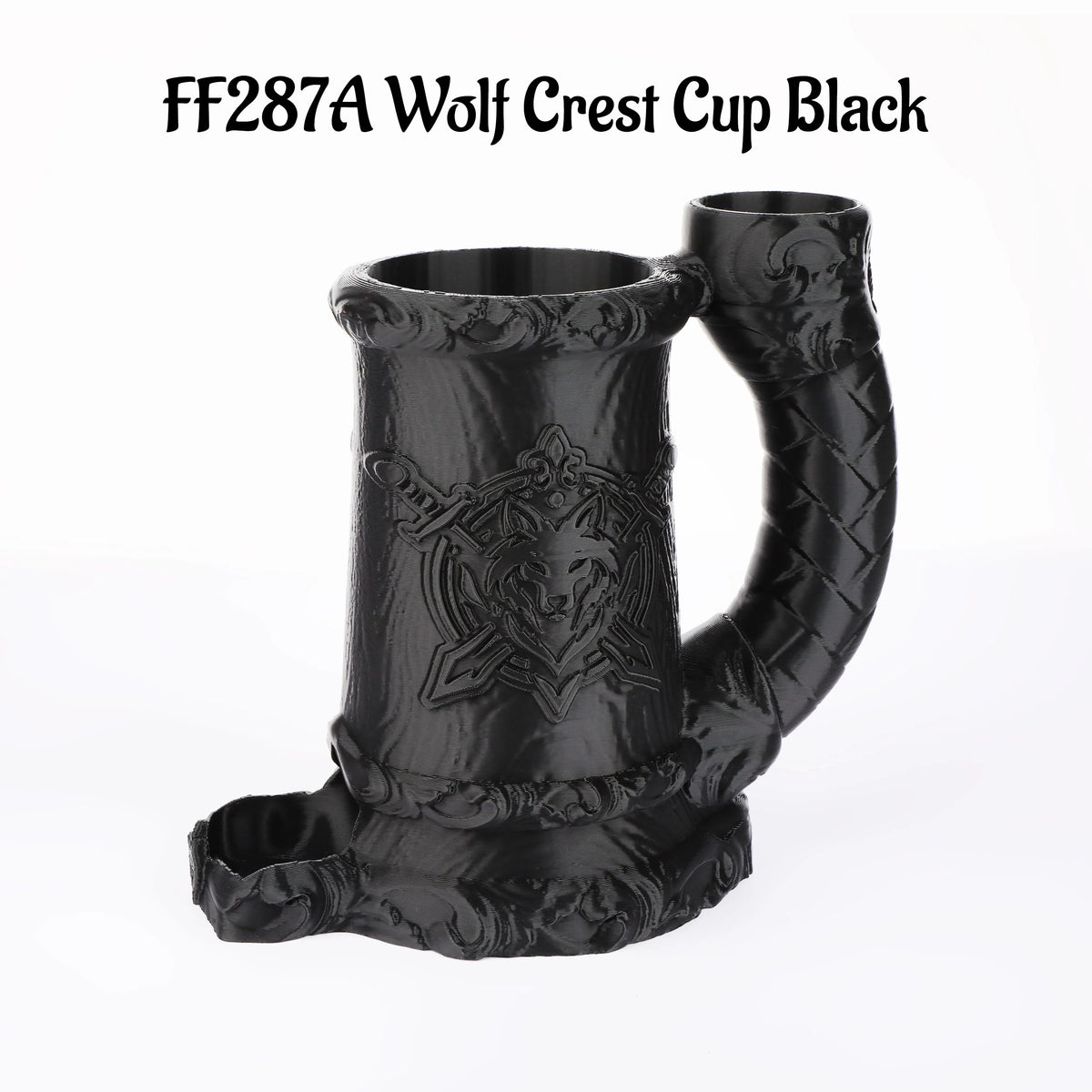 Black metal mug shaped like a wolf crest for tabletop RPGs