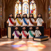 A set of mini religious statues depicting Jesus with long hair and a beard, displayed in a church setting.