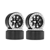 A pair of black metal beadlock wheels with a removable hex hub for an RC crawler.