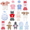 A collection of adorable jumpsuits and outfits for 12-inch dolls featuring various colors and textures.