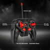 A black RC transforming robot car is shown with indicators for forward, backward, left, and right movement.