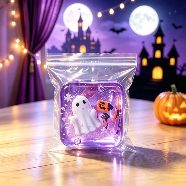 A translucent purple fidget cube featuring festive Halloween and holiday figures like a ghost, pumpkin, Santa, and snowman.