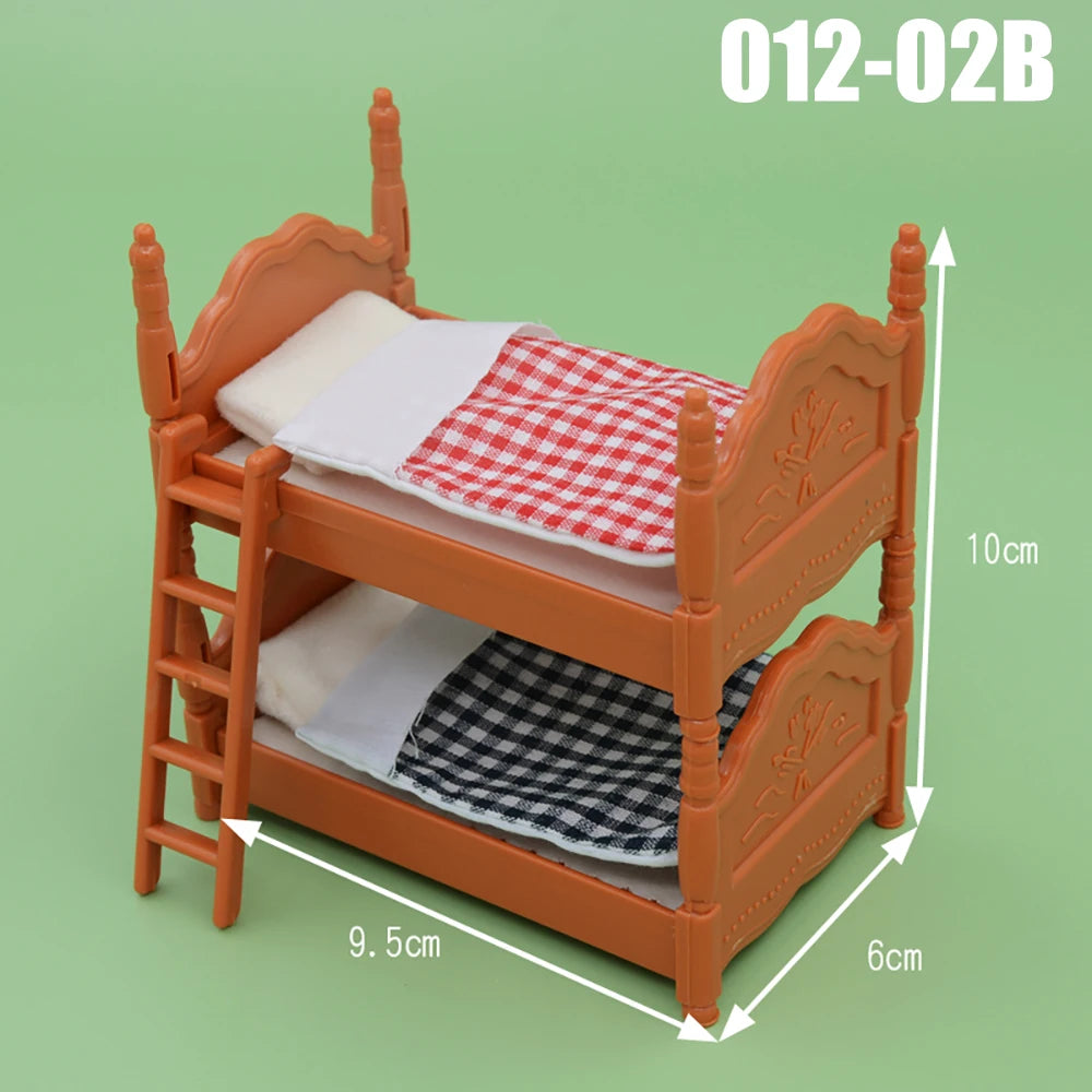 Orange wooden dollhouse furniture playset featuring a bed with bedding and a small wooden ladder.