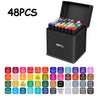 Set von 48 professionellen Dual-Tip-Malstiften in verschiedenen Farben und Spitzen, verpackt in einer schwarzen Box.