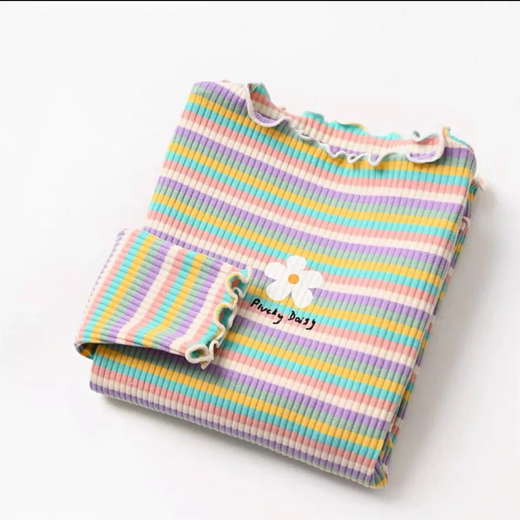 Girls striped floral print cotton t-shirt featuring pastel stripes and a small flower detail
