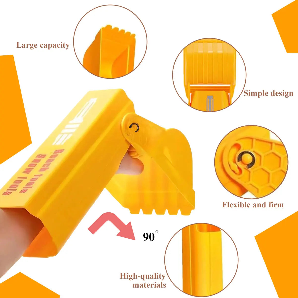 Yellow kids excavator digging toy tool showing various features like large capacity, simple design, flexibility, and high-qua