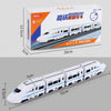 A set of white electric high-speed railway train toys with lights and sounds displayed on a box and as individual models.