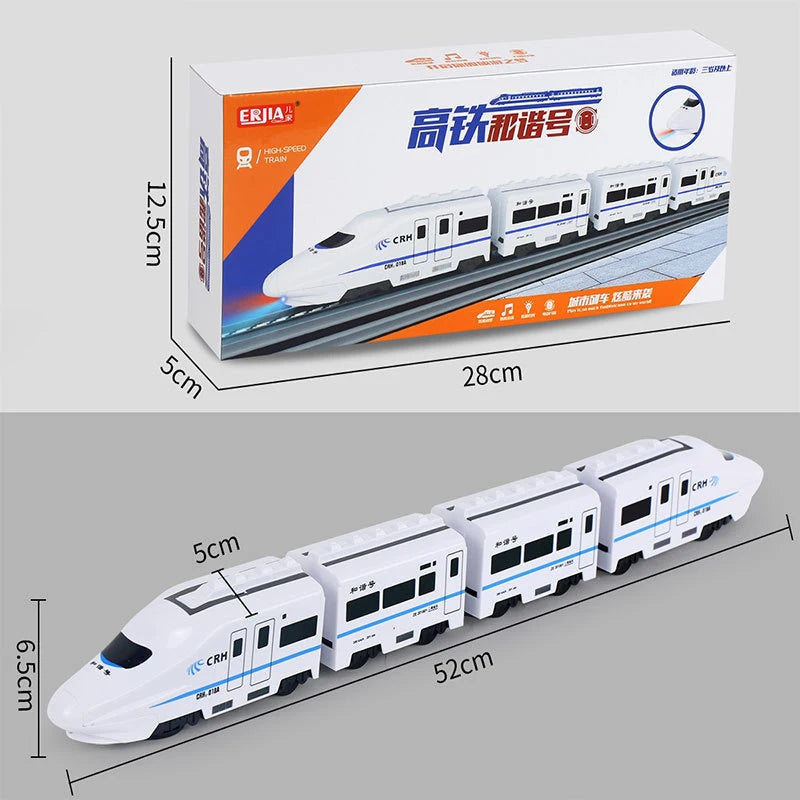 A set of white electric high-speed railway train toys with lights and sounds displayed on a box and as individual models.