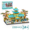 A detailed micro building blocks set of a traditional Chinese temple architecture featuring a multi-tiered roof and surroundi