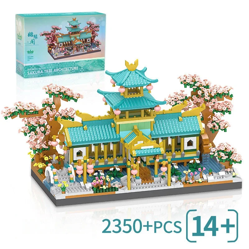 A detailed micro building blocks set of a traditional Chinese temple architecture featuring a multi-tiered roof and surroundi