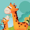 A jigsaw puzzle featuring three orange baby giraffes in a grassy outdoor setting.