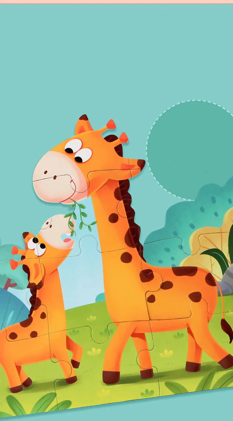A jigsaw puzzle featuring three orange baby giraffes in a grassy outdoor setting.