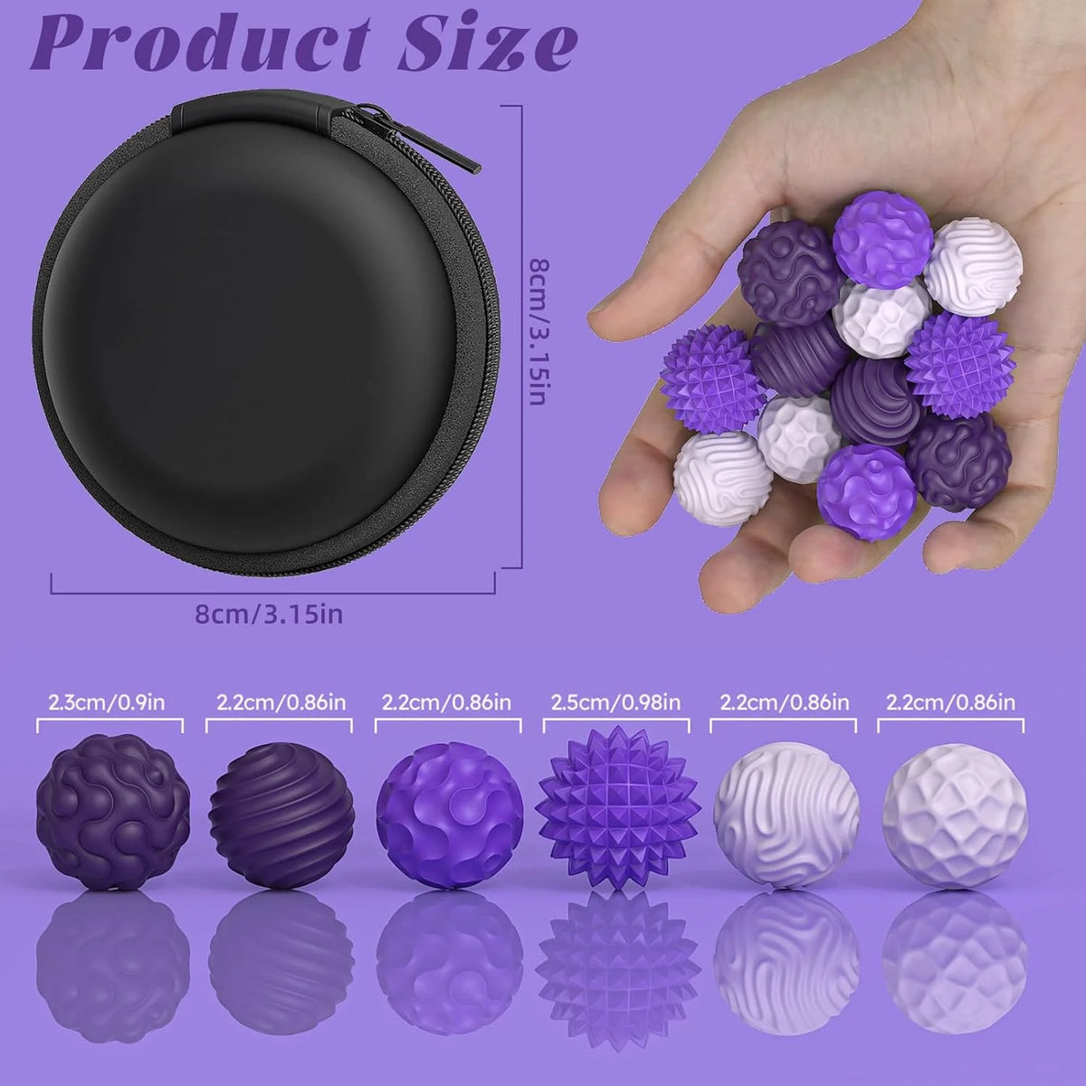 A hand holds a collection of purple and white magnetic sensory fidget balls with silicone shells.