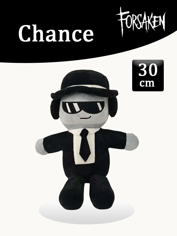 A black and gray plush toy resembling a character from a slasher game wearing a hat and sunglasses.