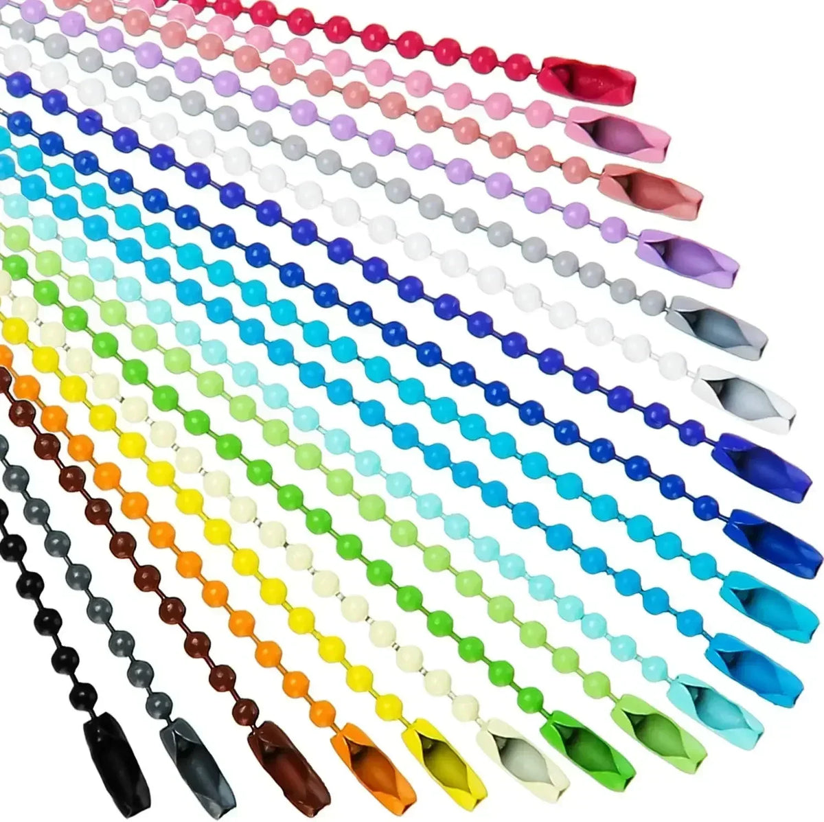 A collection of colorful ball bead chains for DIY jewelry and keychains, featuring various colors like pink, purple, blue, gr